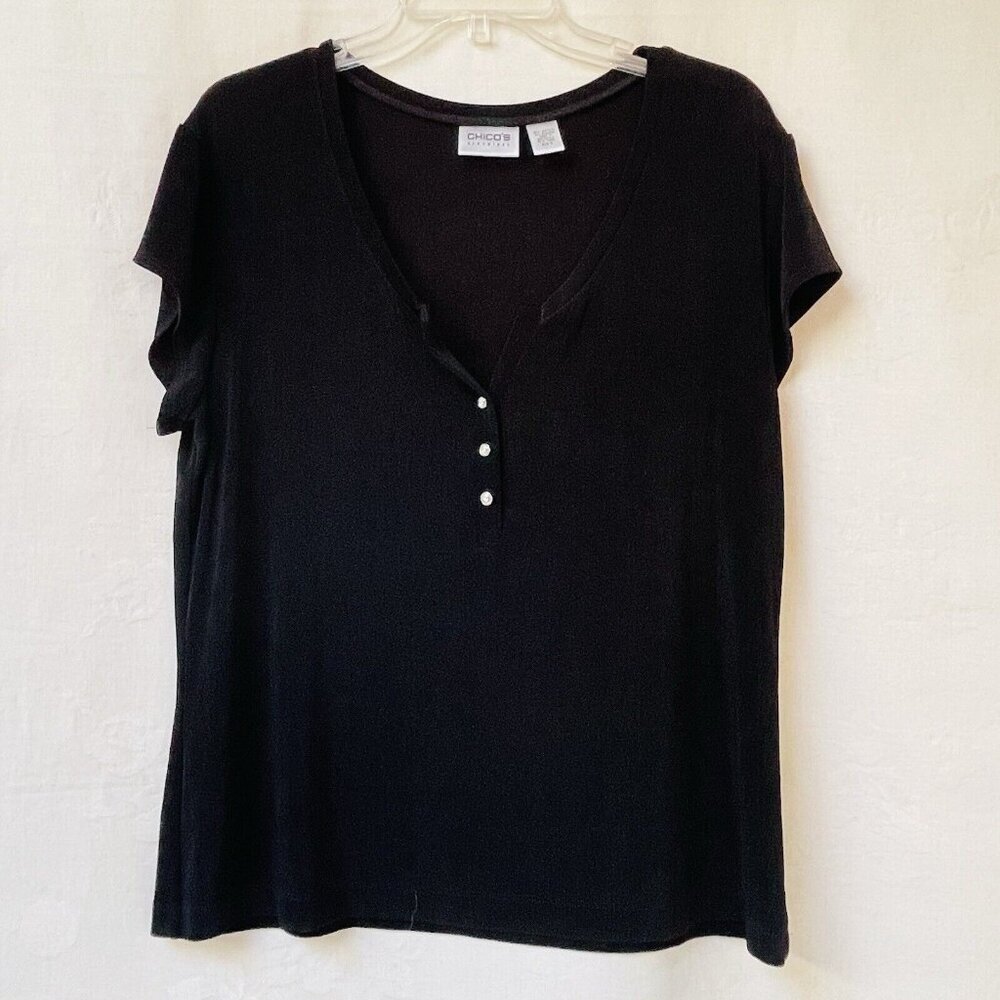 Chicos Trevelers Blouse Womens 3 Large Black Stretchy Slinky Goth Gothic Whimsy